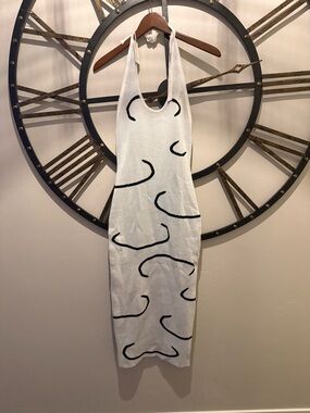 White Maxi Halter Dress with Black Abstract Print
